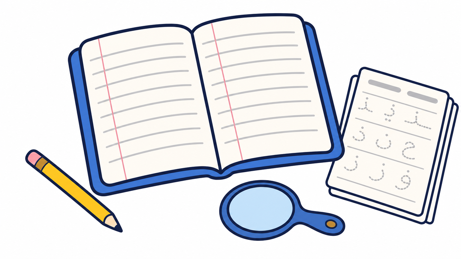A notebook, pencil, and tracing sheets laid out on a desk for practicing Arabic handwriting.