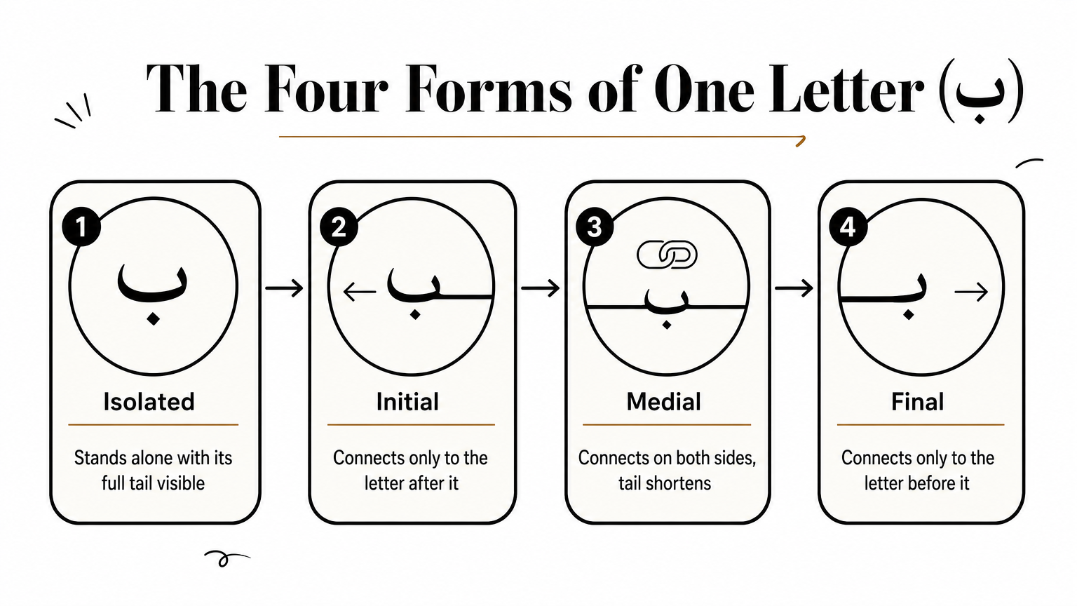 A four-step diagram showing how the Arabic letter ba changes shape in isolated, initial, medial, and final positions.