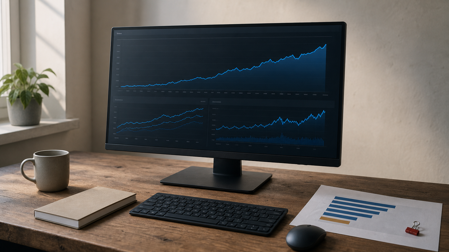 Monitor showing rising traffic graphs beside a printed chart comparing ad network payout rates.