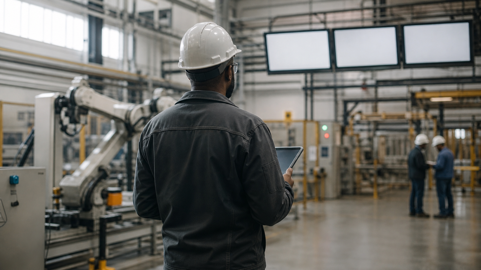 Large automated factory floor with digital dashboards and workers monitoring production.