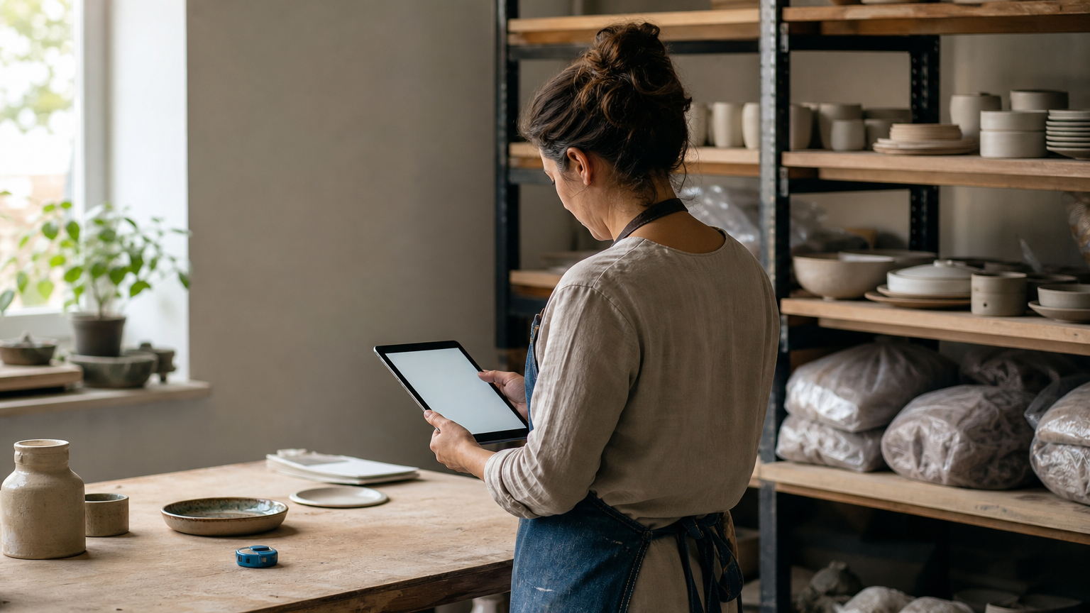 Craftsperson in a small workshop reviewing a tablet with production and inventory details.