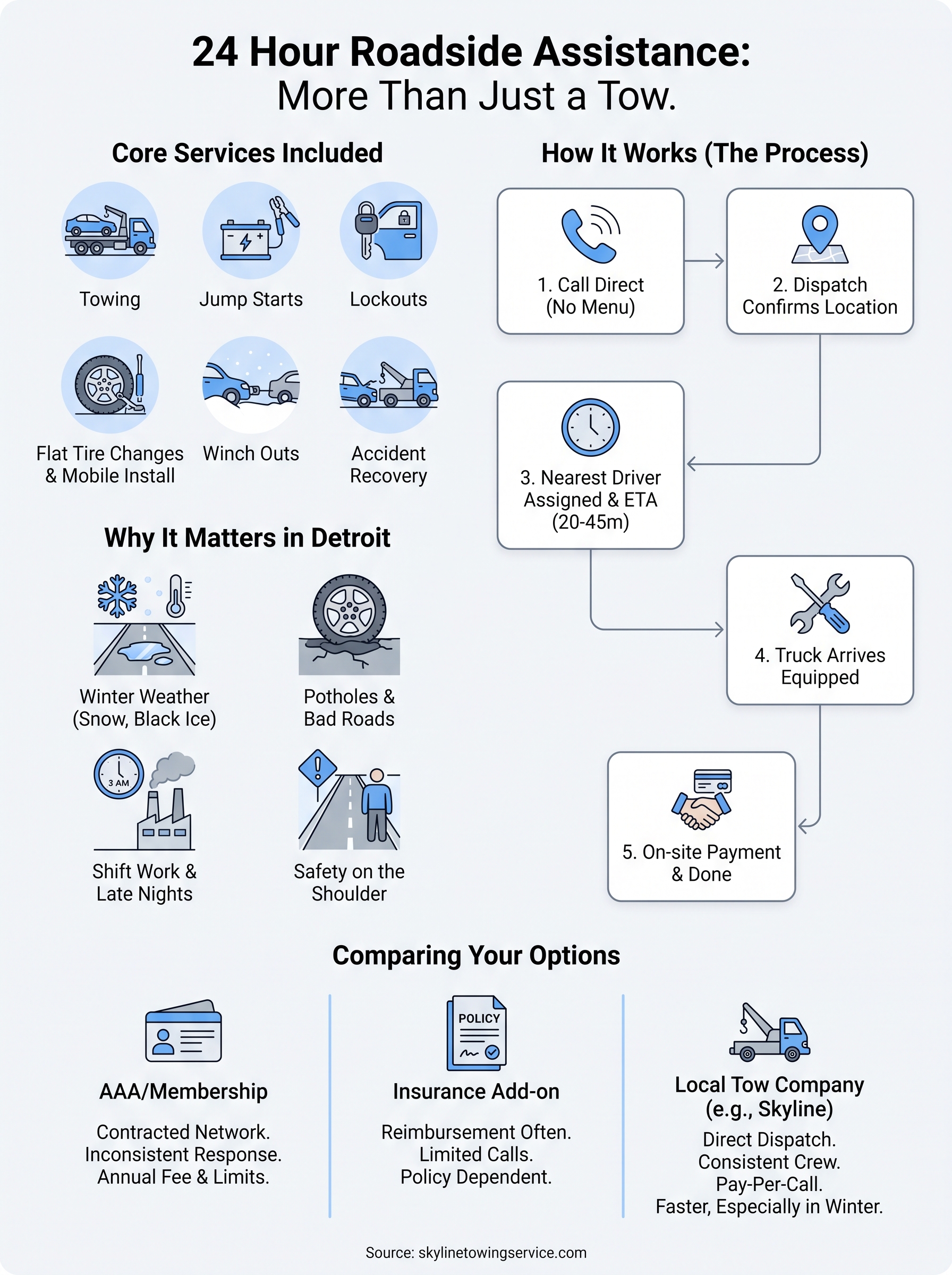 24 Hour Roadside Assistance: What Detroit Drivers Get 24 hour roadside assistance infographic
