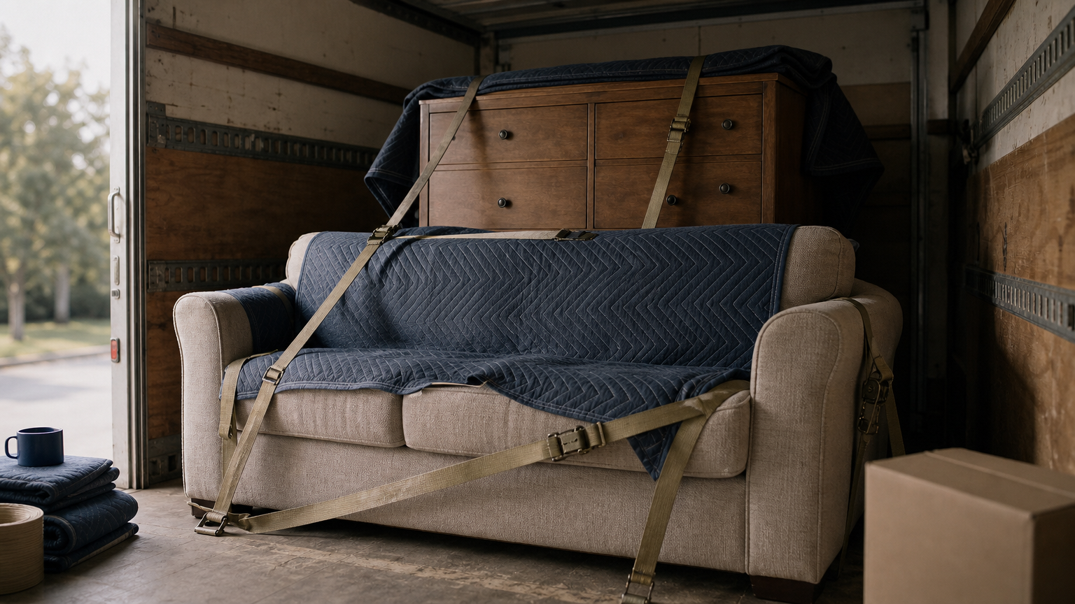 Interstate Removalists: What They Do and What It Costs 2 Removalists strap a couch and dresser with blankets inside a truck before an interstate trip.