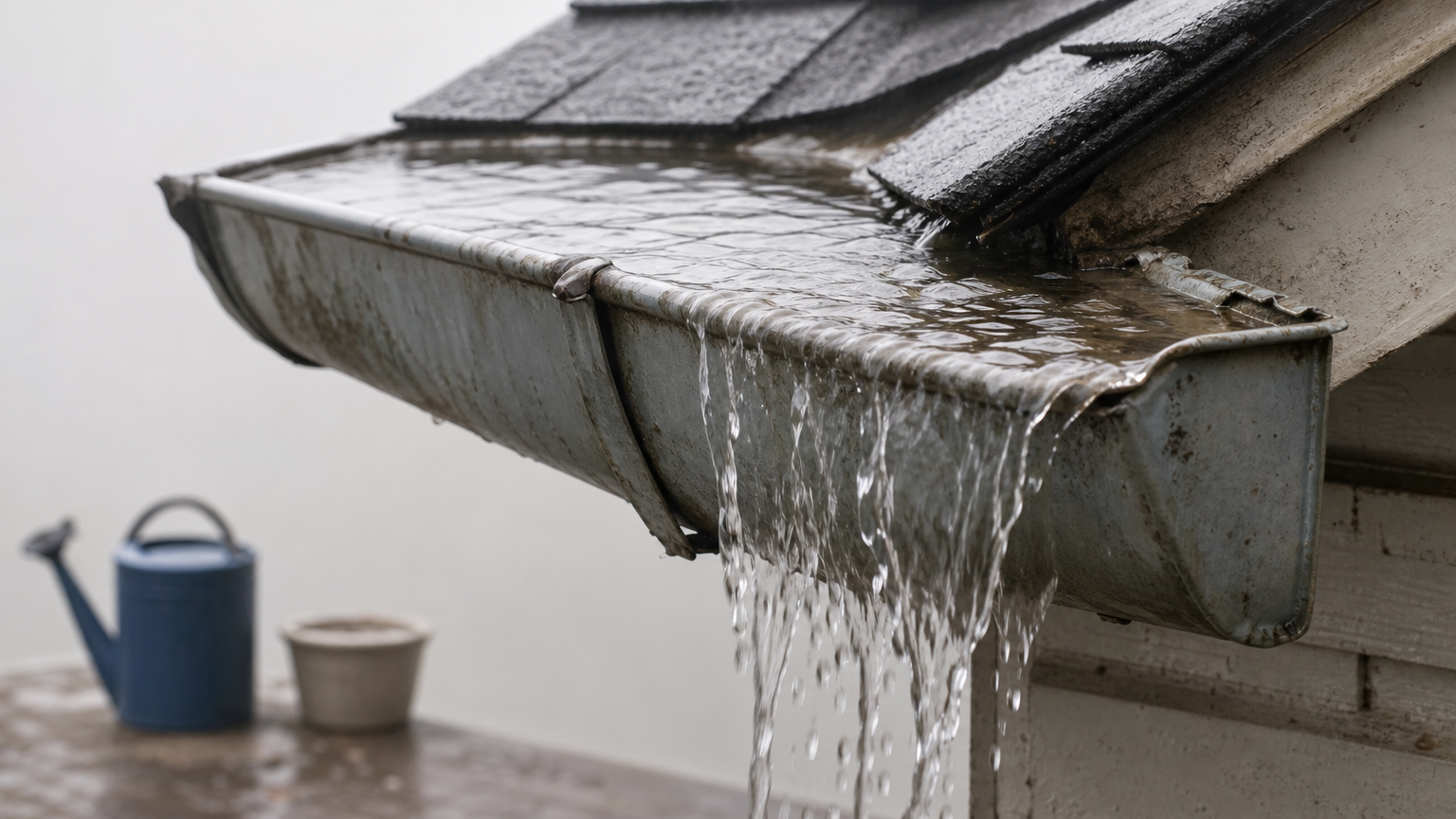 Water pours over the front edge of a sagging gutter at a roof valley during heavy rain.