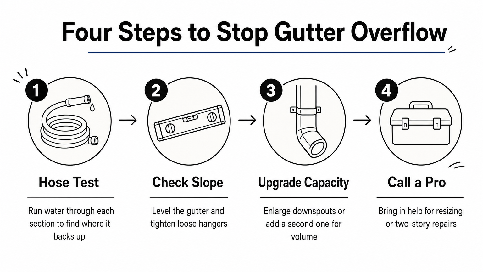 A four-step process diagram showing how to diagnose and fix an overflowing gutter.