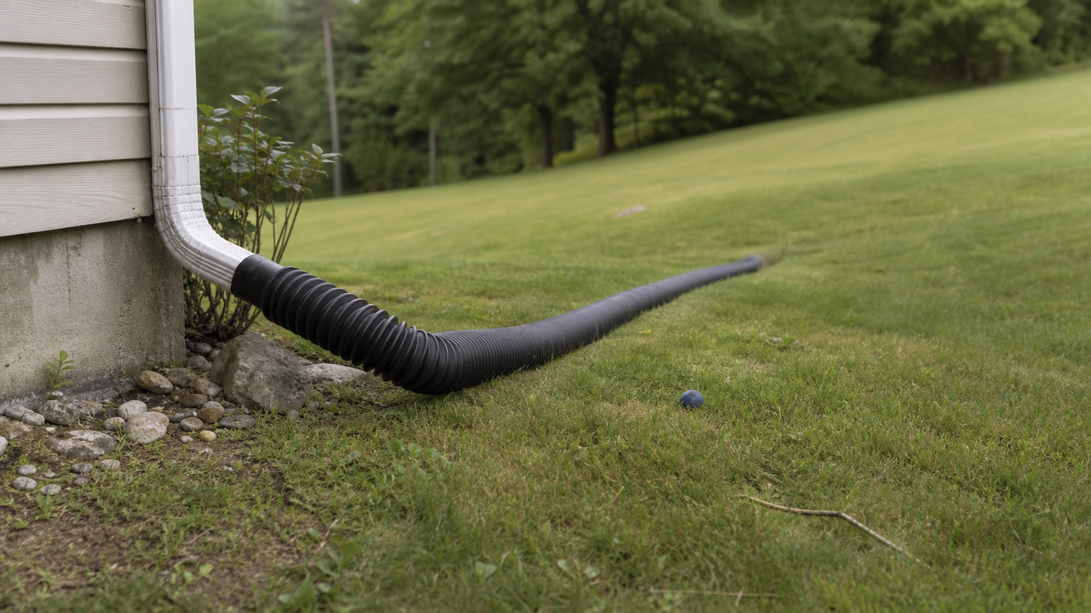 A downspout extension carries water away from a house foundation across sloped ground.
