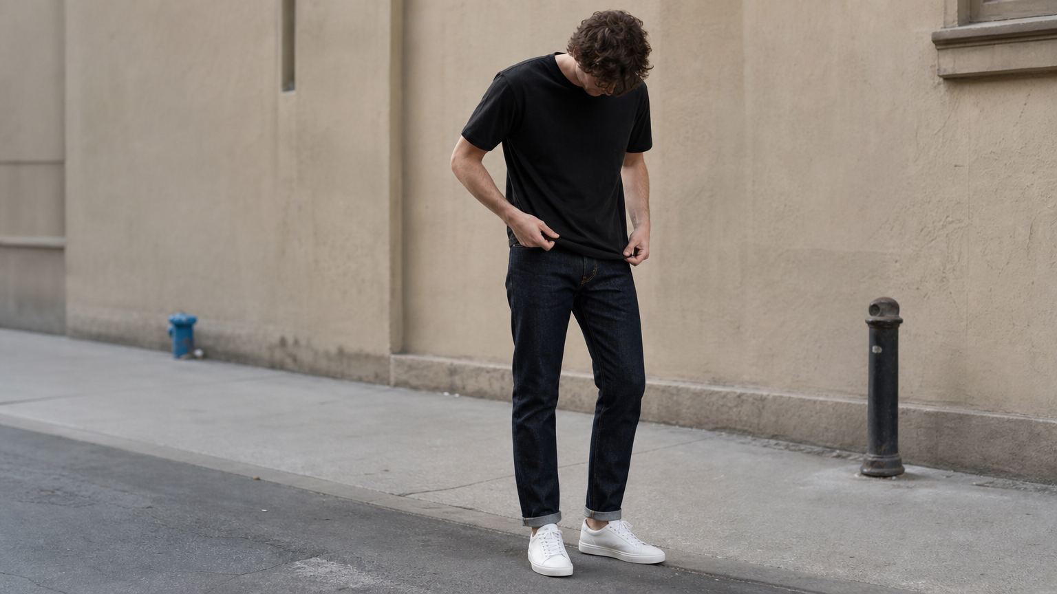 A man in a black t-shirt and dark jeans with white sneakers standing on a sidewalk.