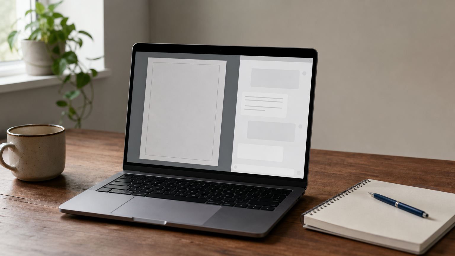 A laptop displays an uploaded math problem next to a tutor chat window on a desk with a notebook.