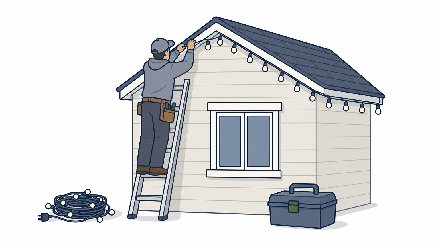 A worker on a ladder hangs string lights along a house roofline while tools sit on the lawn below.