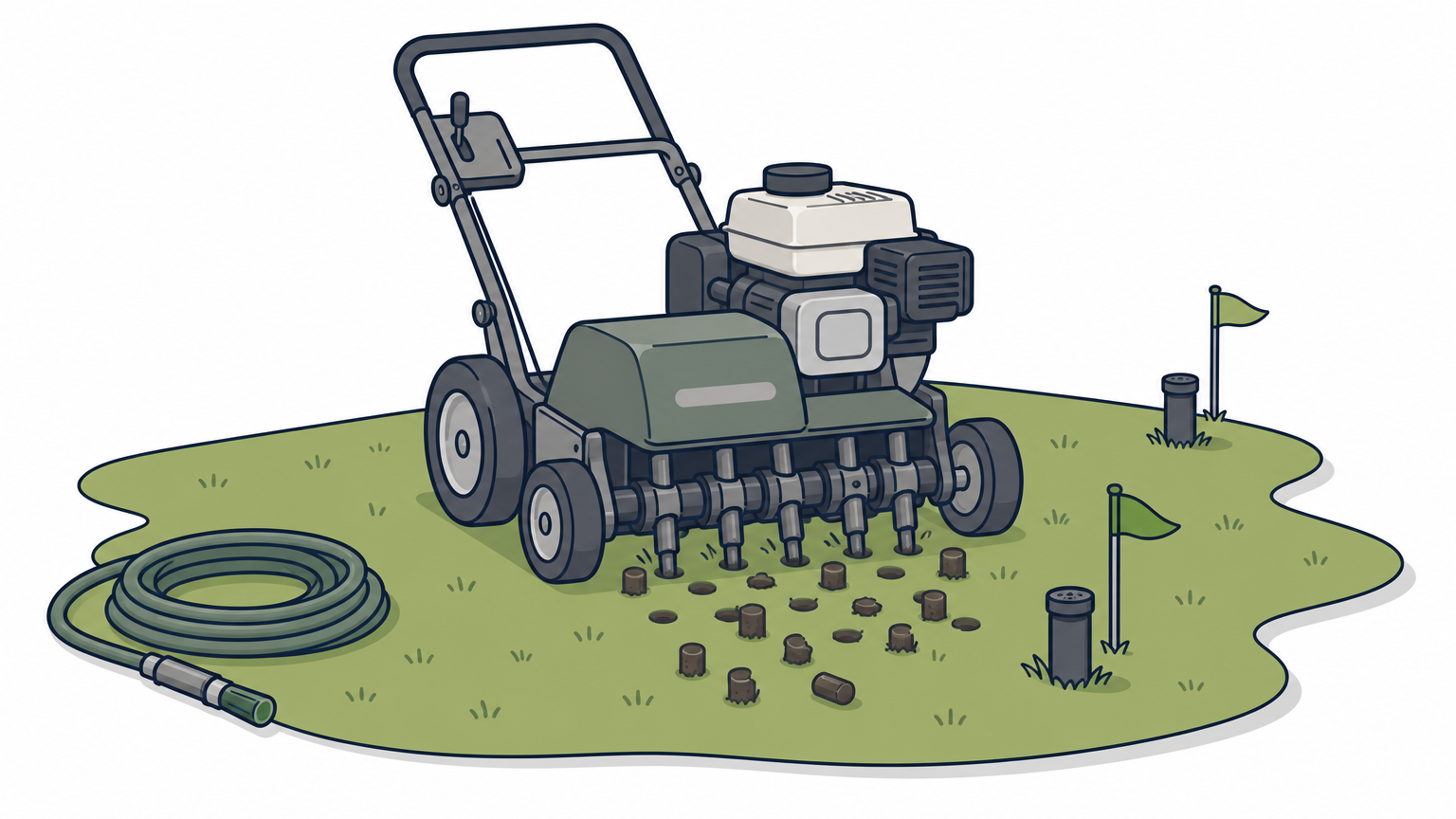 A walk-behind core aerator pulling soil plugs from a lawn with marked sprinkler heads visible.