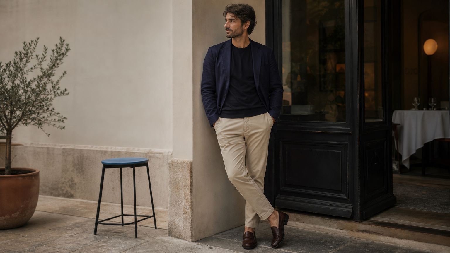 A man dressed in a black t-shirt, navy blazer, chinos, and loafers outside a restaurant.