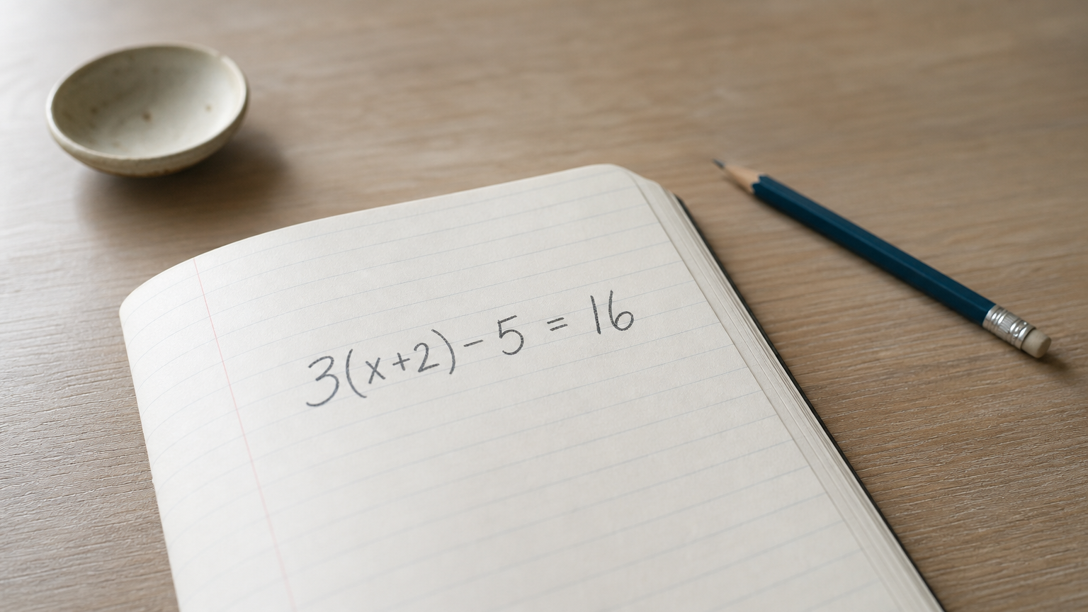 A smartphone camera scans a handwritten algebra equation on a sheet of notebook paper.