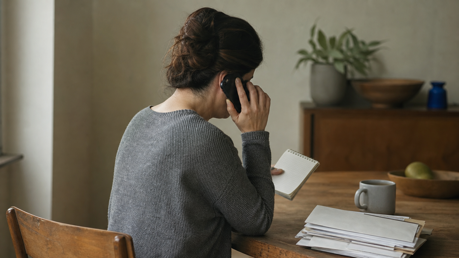 A person sits at a table making a phone call while referencing handwritten notes and collection letters.