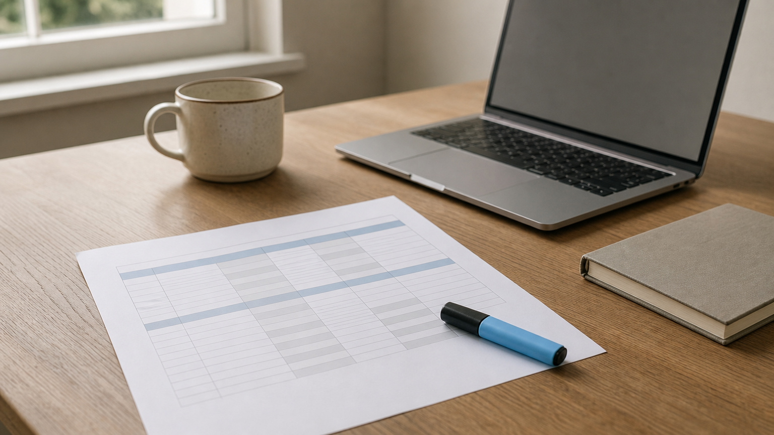 A desk showing a printed control-mapping spreadsheet, a highlighter, and a laptop with a checklist on screen.