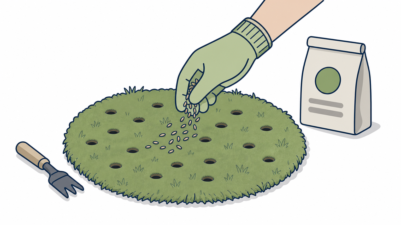 A hand scattering grass seed over a lawn with visible aeration holes and a nearby fertilizer bag.