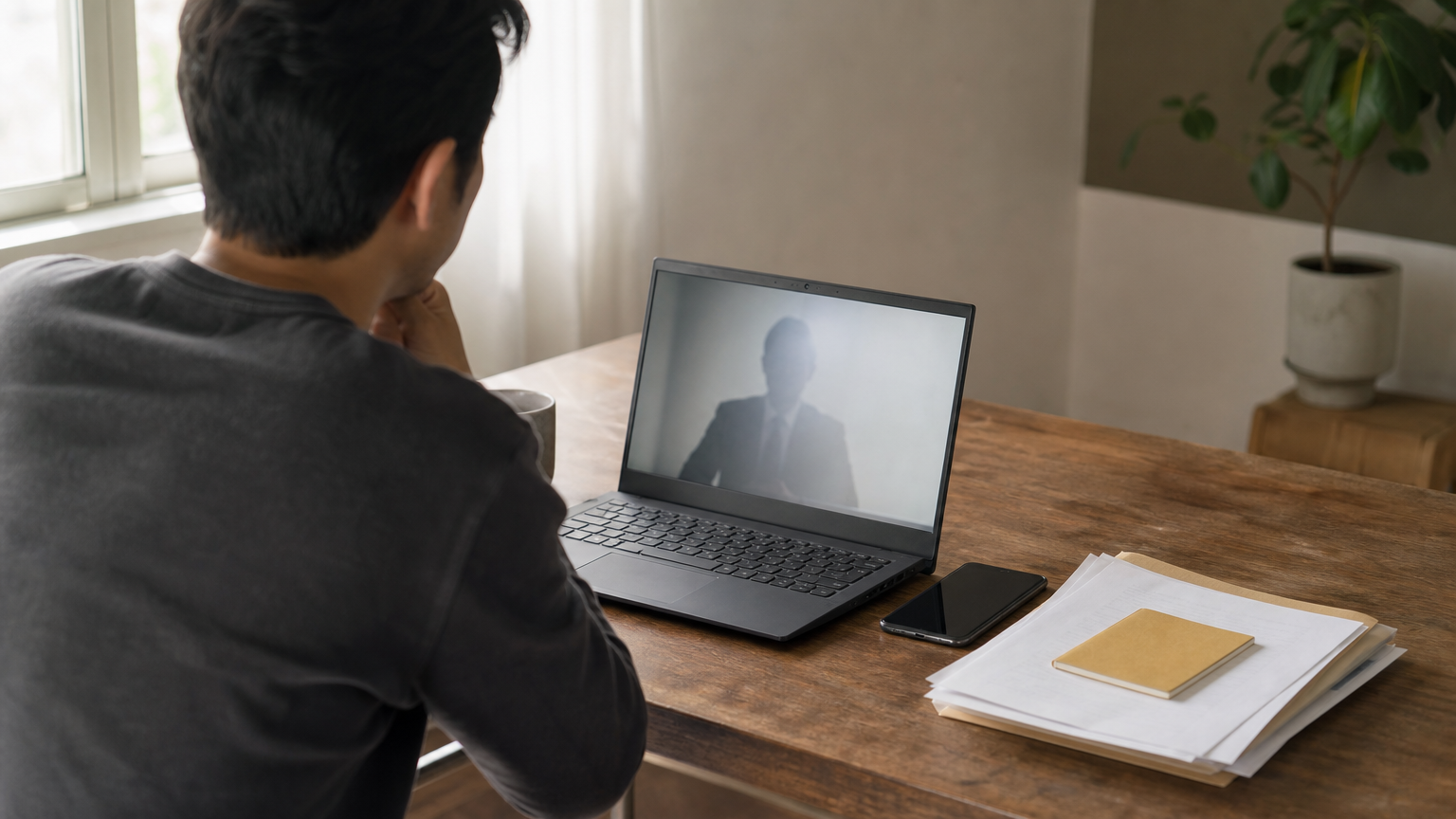 A person sits at a desk video-calling a lawyer while property documents and a phone rest nearby.
