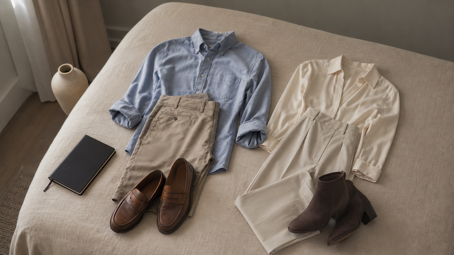 Flat lay of a men's and women's smart casual outfit arranged side by side on a bed.