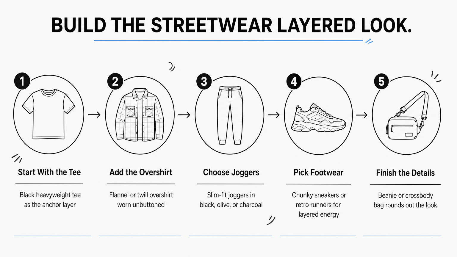 An infographic showing five steps to build a layered streetwear outfit with a black t-shirt.