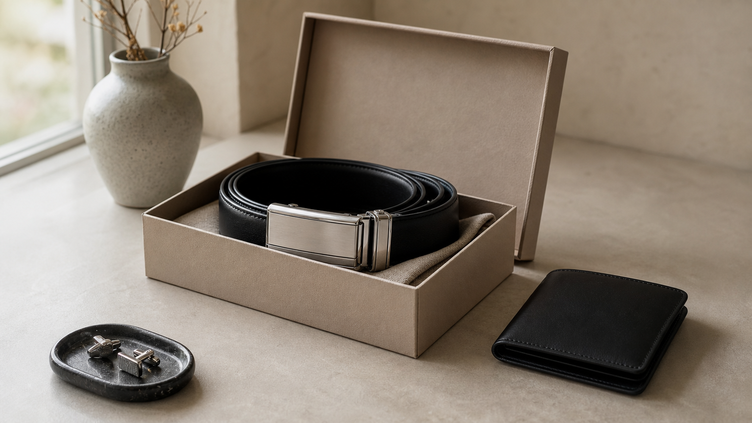 Une ceinture en cuir noir à boucle automatique posée dans un coffret cadeau ouvert.
