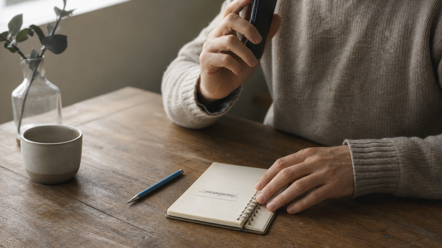 A close-up of hands at a table with a phone and a notepad showing a crossed-out settlement figure replaced by a lower one.