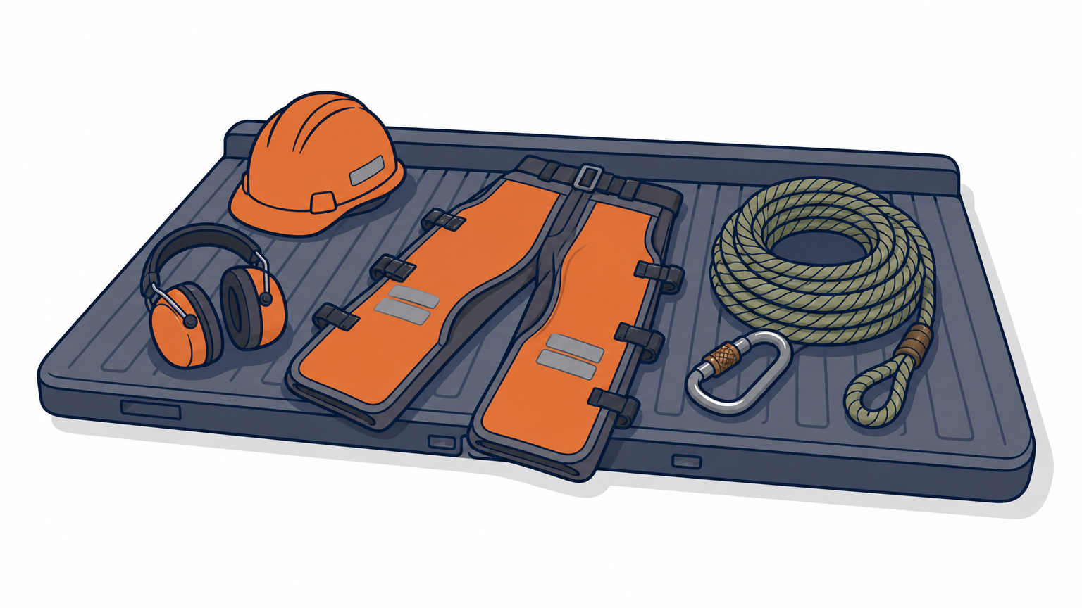 Hard hat, chainsaw chaps, ear protection, and rigging rope laid out on a truck bed.