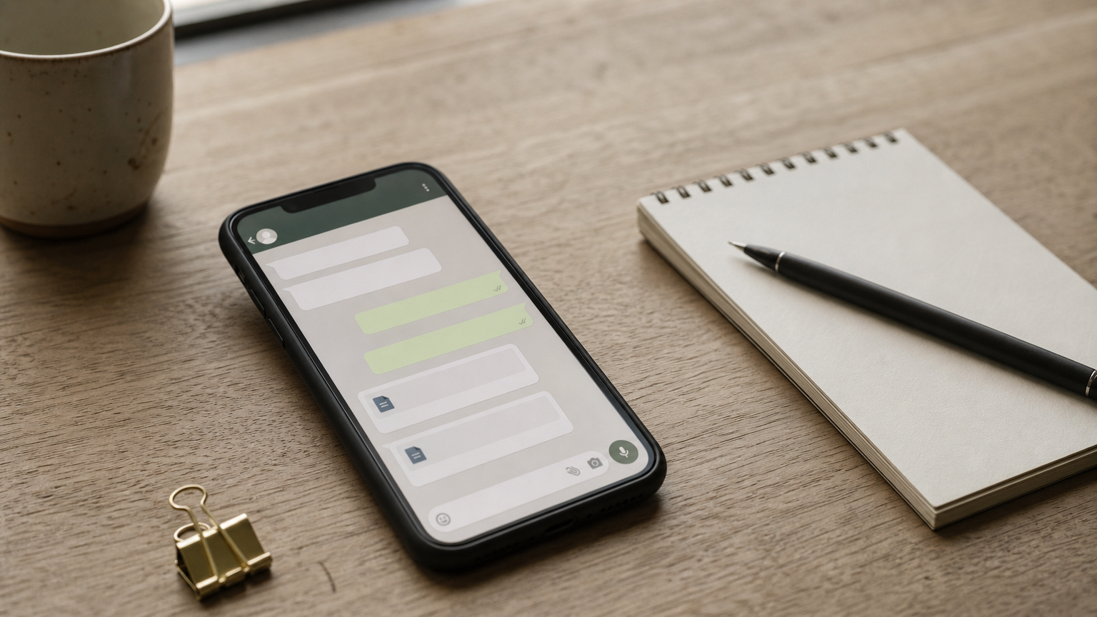 A smartphone displays a WhatsApp chat with attached documents beside a notepad of written questions.