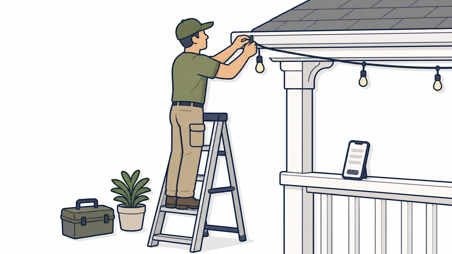 A handyman on a ladder clips lights to a gutter while a phone with a job listing app sits nearby.