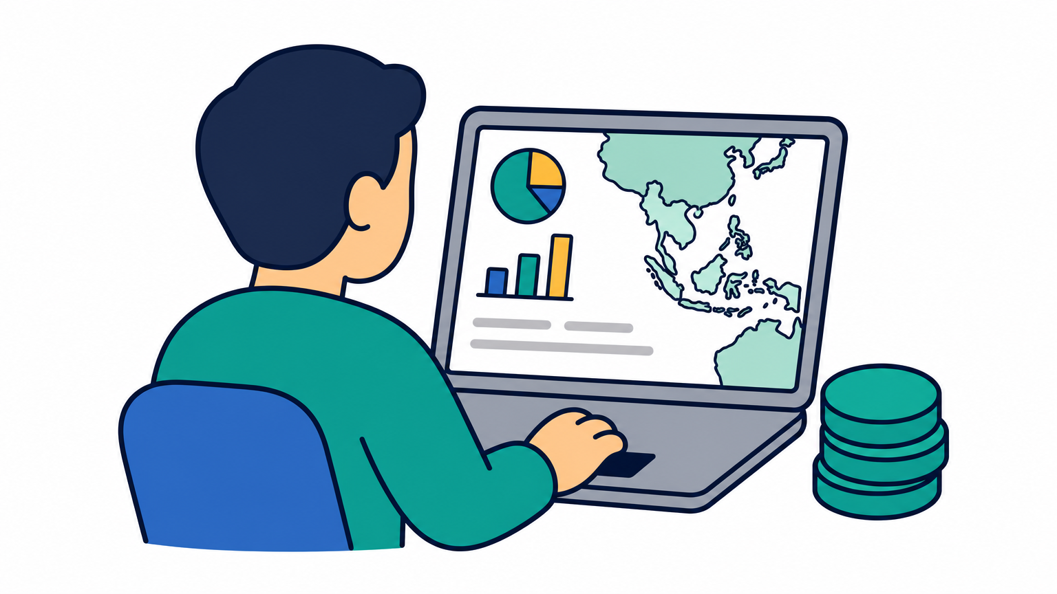 A merchant checks a regional payment dashboard with a map of Southeast Asia and stablecoins beside the laptop.14
