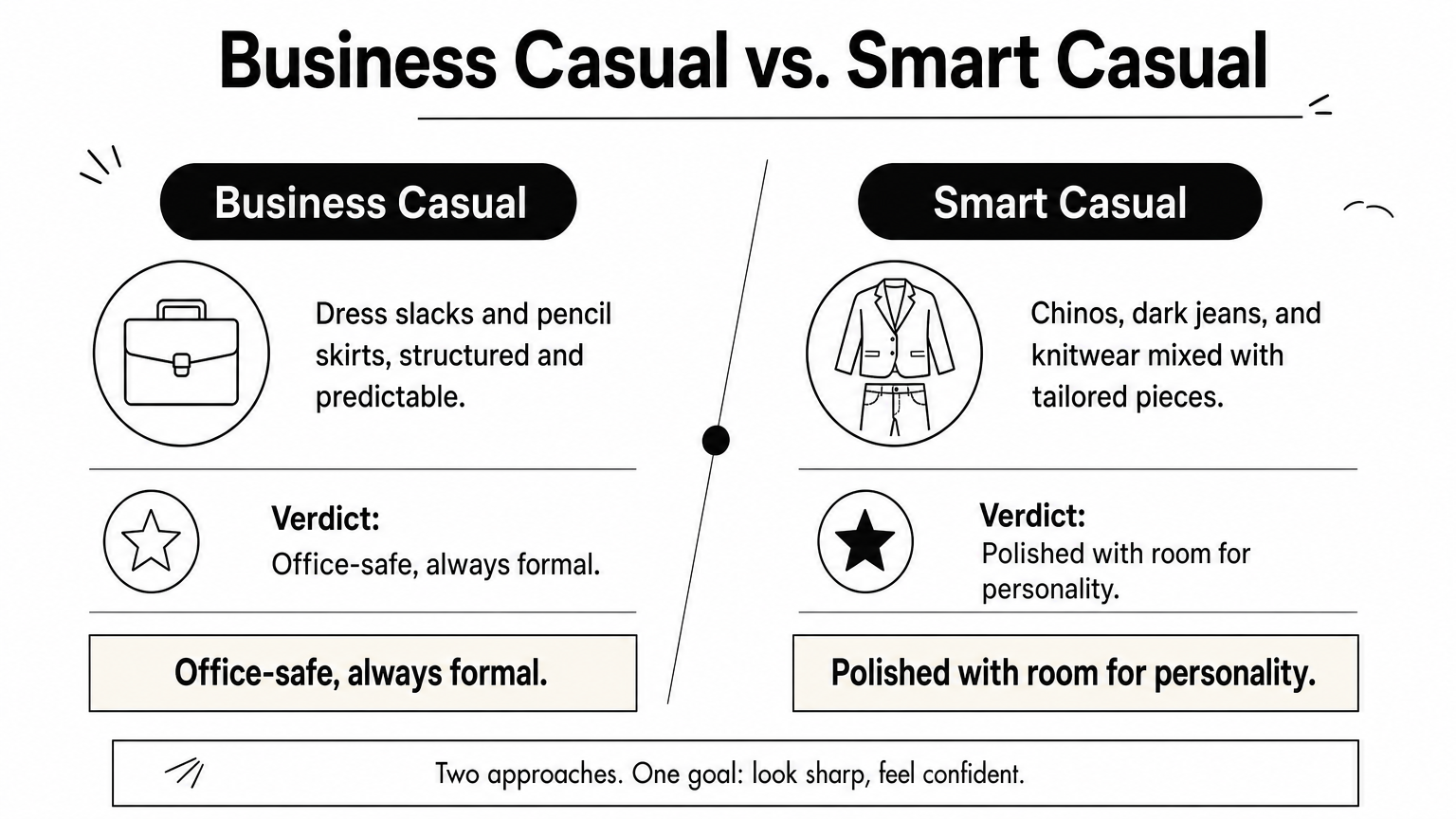 Side-by-side comparison graphic contrasting business casual and smart casual clothing with verdicts for each.