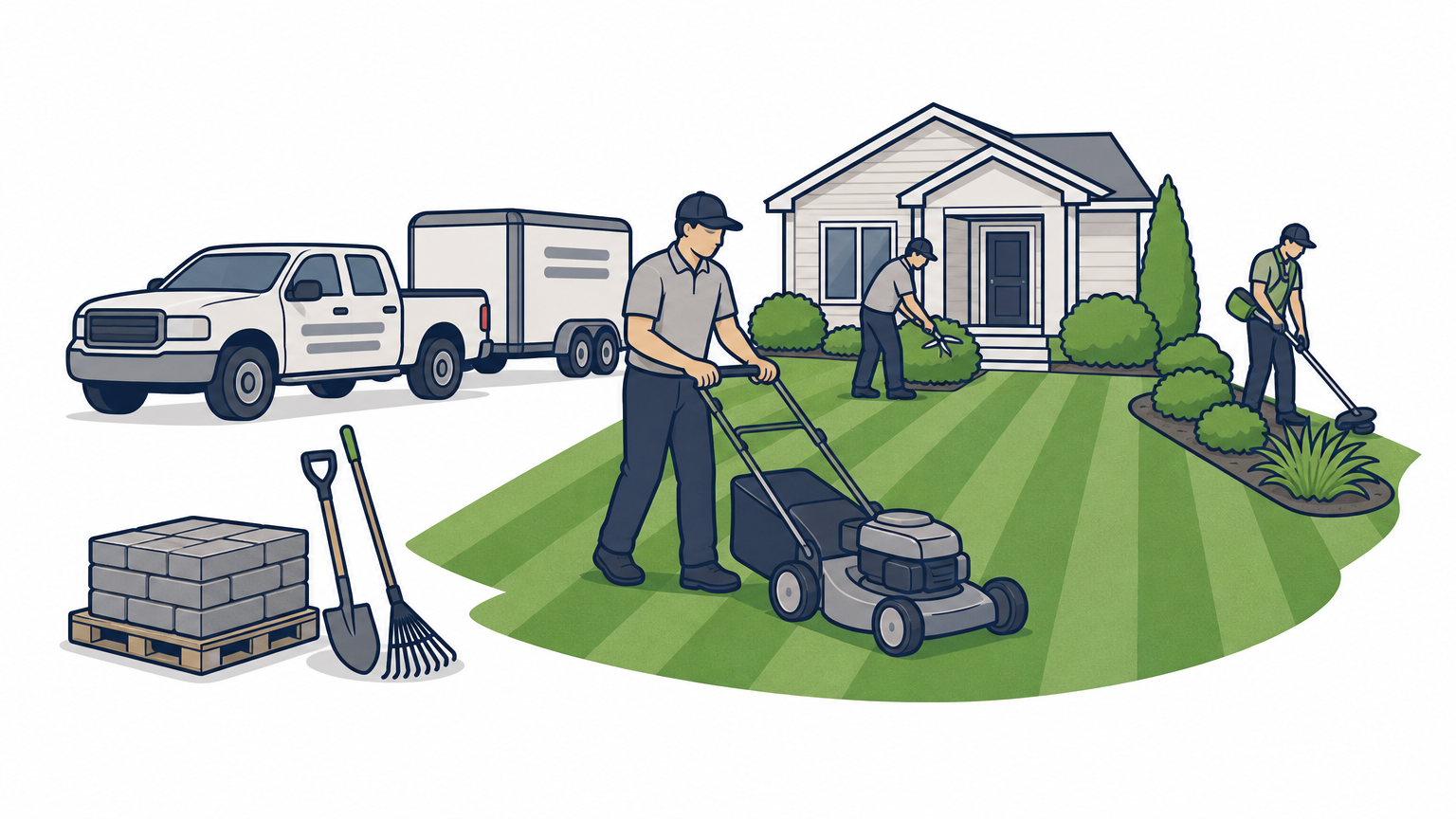 Uniformed landscaping crew mowing a striped lawn beside a branded truck and stacked pavers.