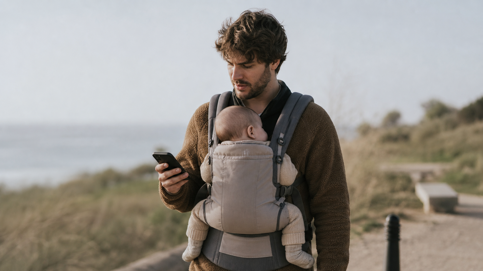Un père promène son bébé installé dans un porte-bébé physiologique en extérieur.