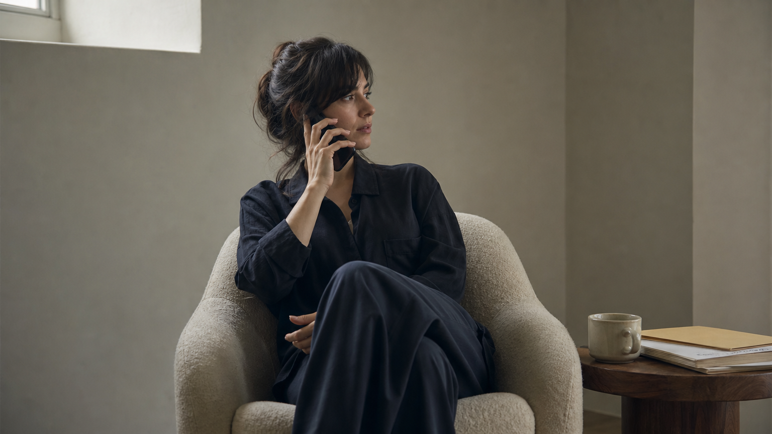 A woman speaks quietly on the phone in a room with tea and a paper folder on a nearby table.