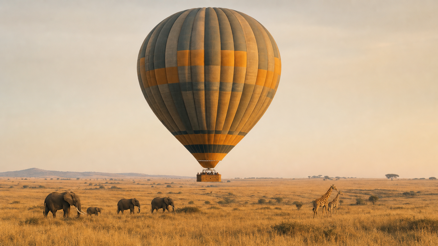 A hot air balloon drifts over golden grassland at sunrise above a herd of elephants.