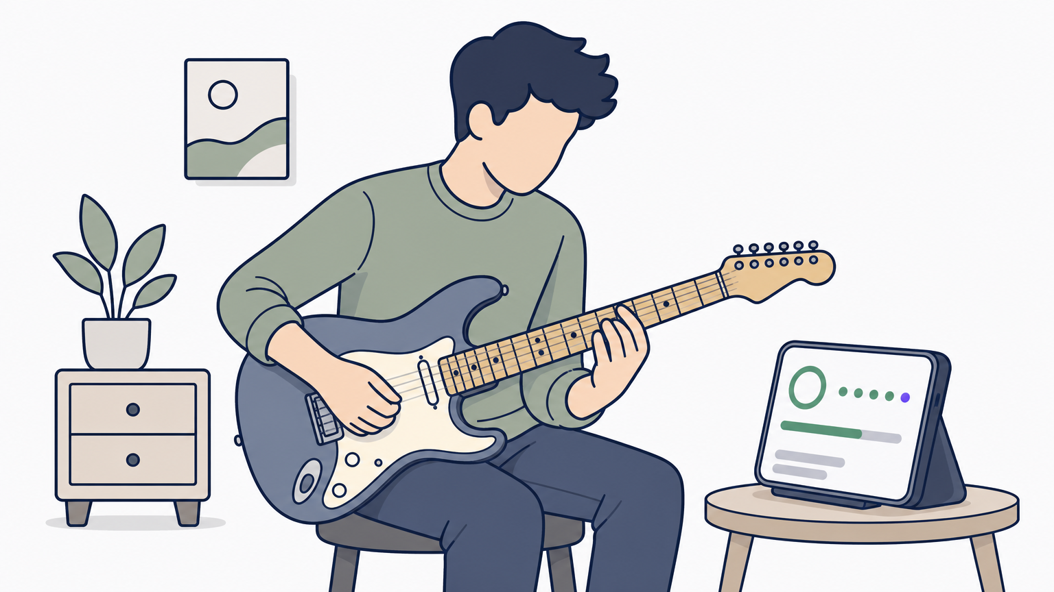 A guitarist practices with a phone on a stand displaying real-time note feedback.