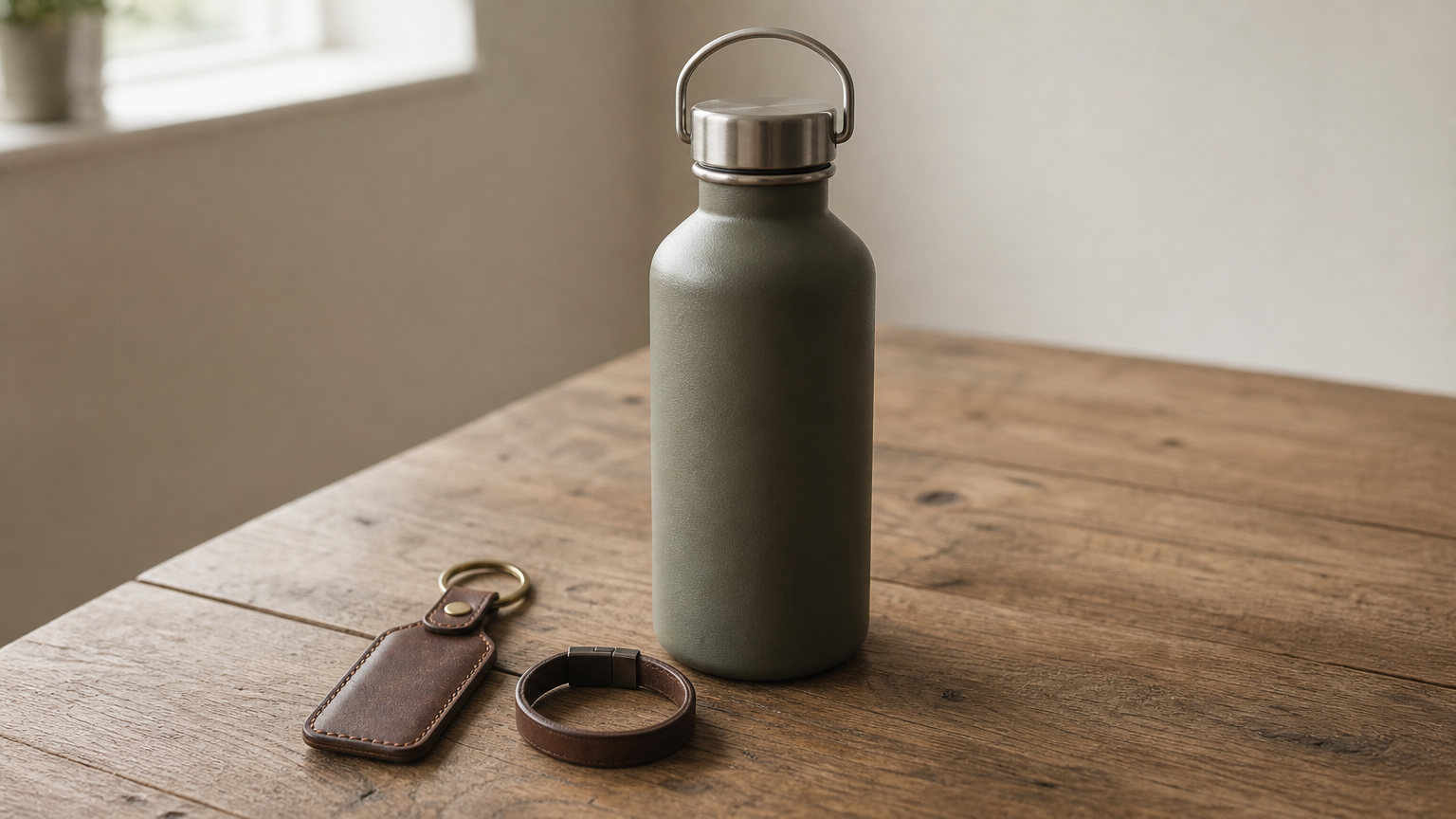 Un porte-clés en cuir gravé accompagné d'un bracelet et d'une gourde personnalisés sur une table.