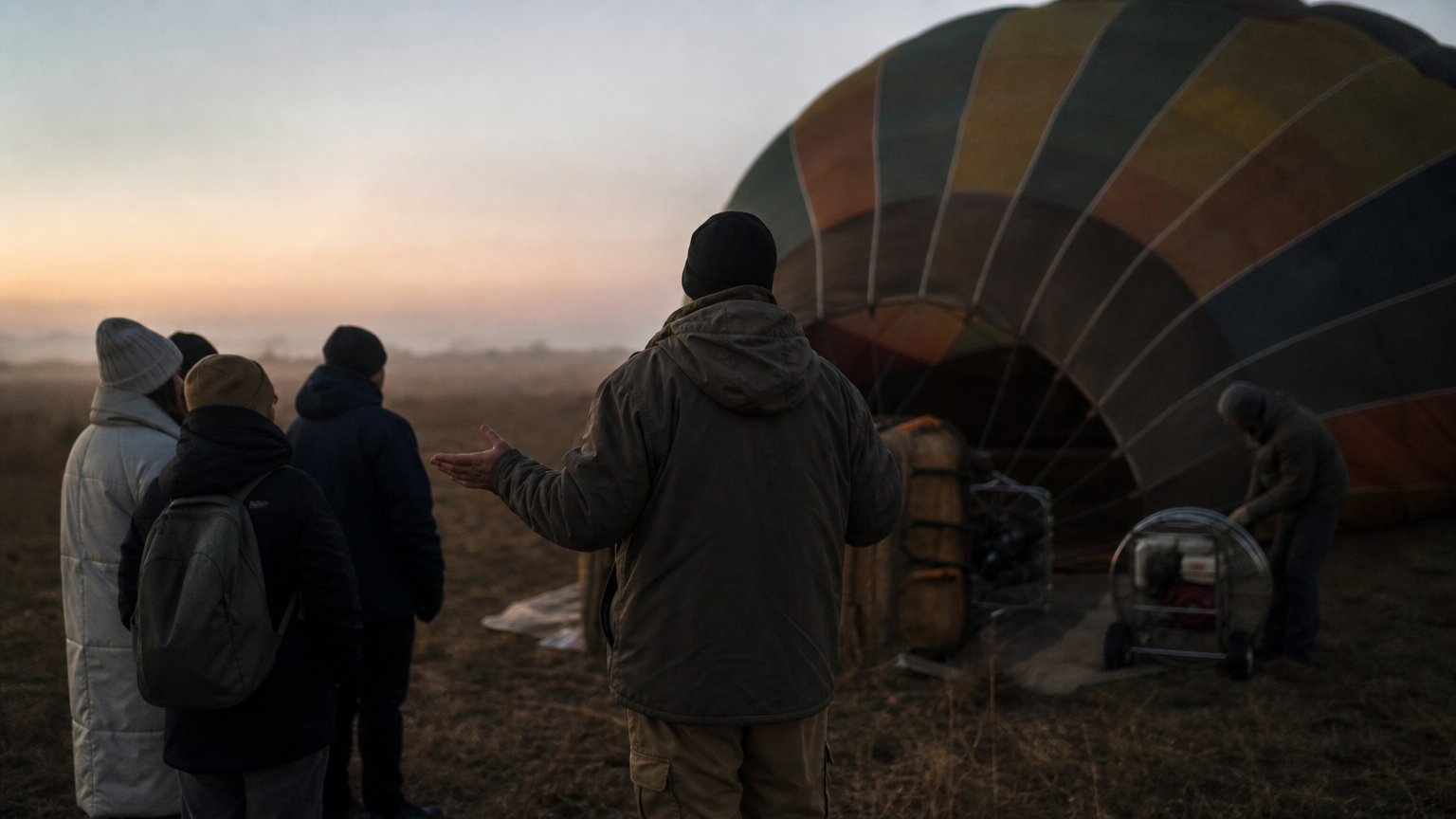 A pilot briefs passengers beside an inflating hot air balloon basket in the early morning dark.