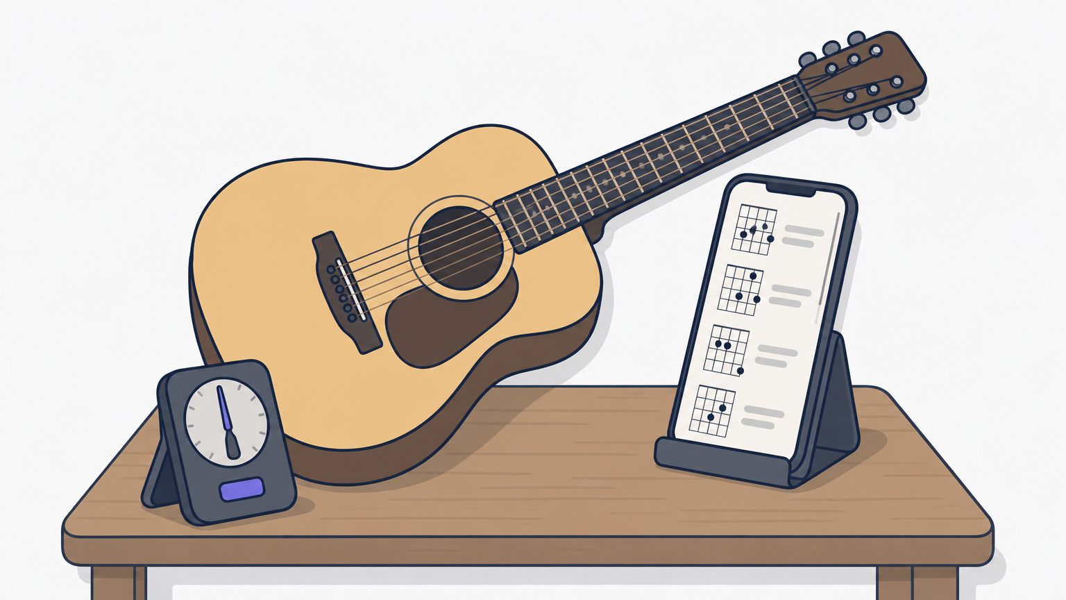 An acoustic guitar and phone showing a chord chart sit together on a wooden table.