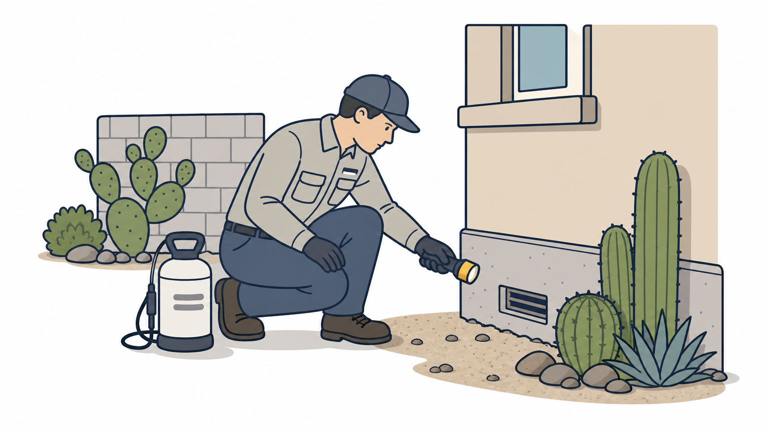 A technician crouches beside a desert home's foundation inspecting for pest activity near cacti and a block wall.
