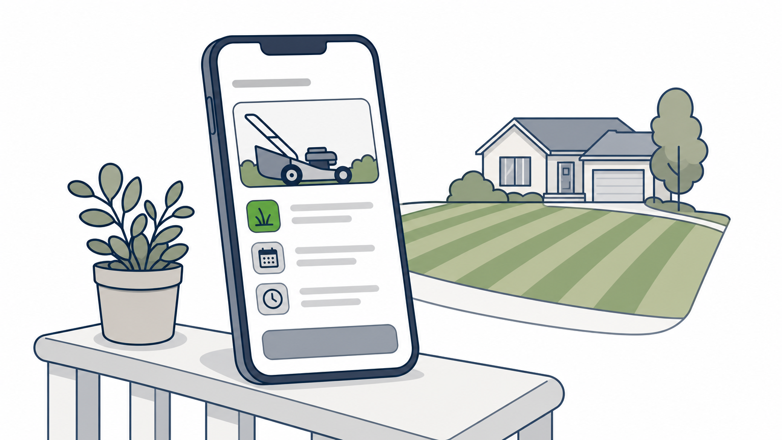 A smartphone showing a lawn booking app held above a freshly mowed suburban lawn.