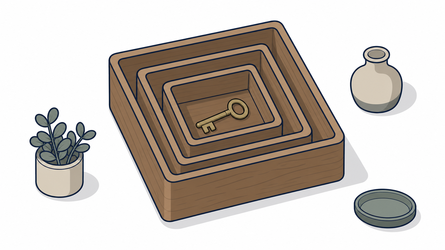Three nested wooden boxes with a small brass key inside the smallest one.
