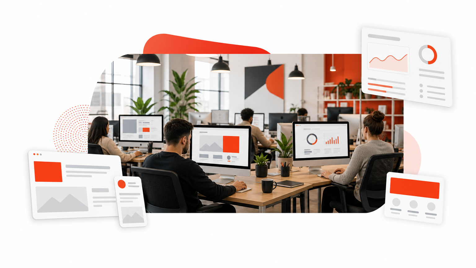 Designers and SEO analysts collaborating at desks with website mockups and analytics on their screens.