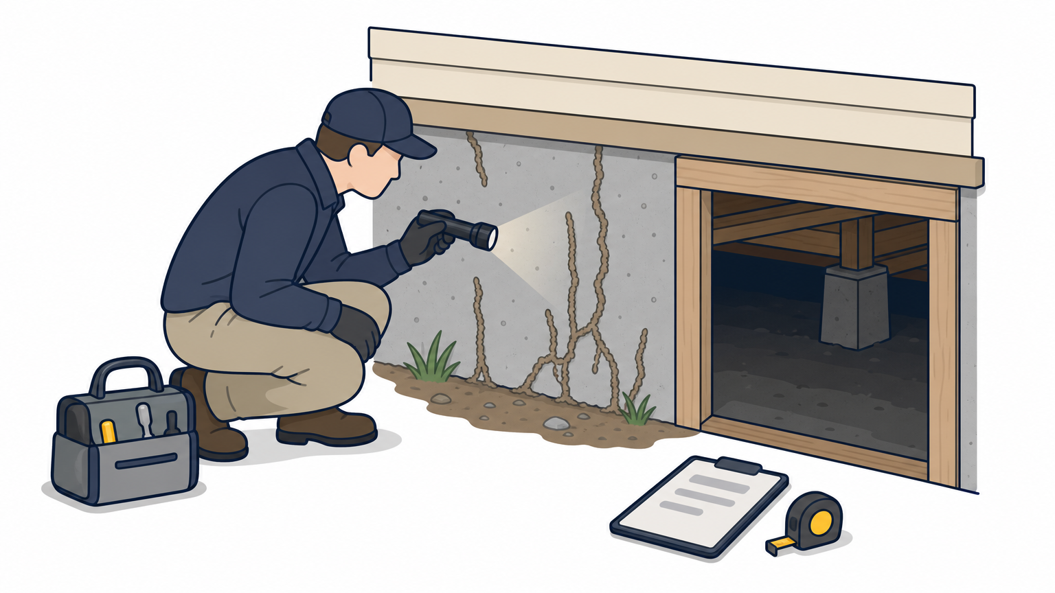 An inspector shines a flashlight on termite mud tubes running along a home's foundation wall.