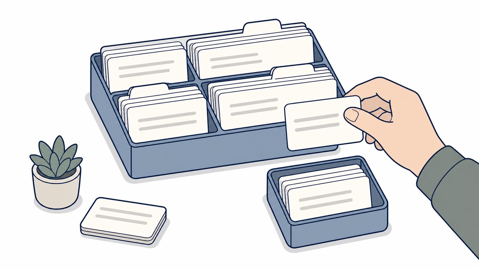 Hand sorting labeled index cards from larger trays into a smaller tray.