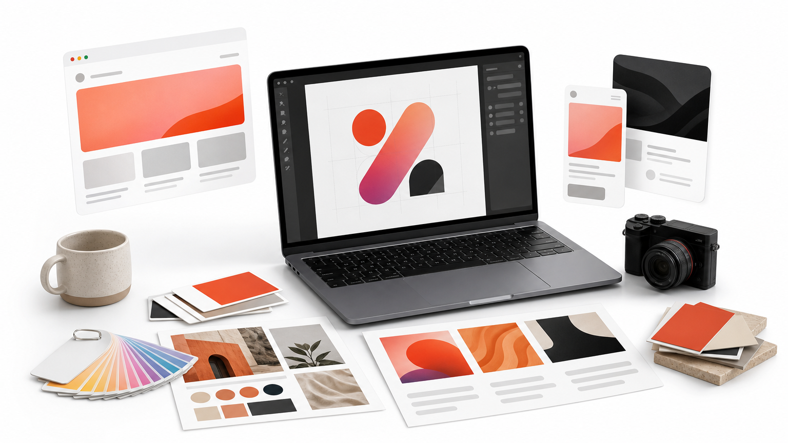 A designer's desk with brand mood boards, color swatches, and a laptop displaying a logo in progress.