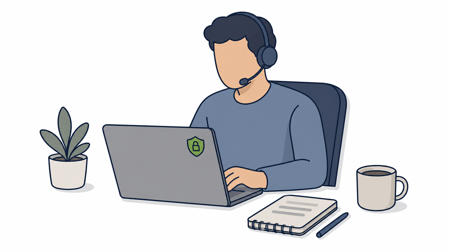 A remote assistant working at a desk with a company laptop and headset.