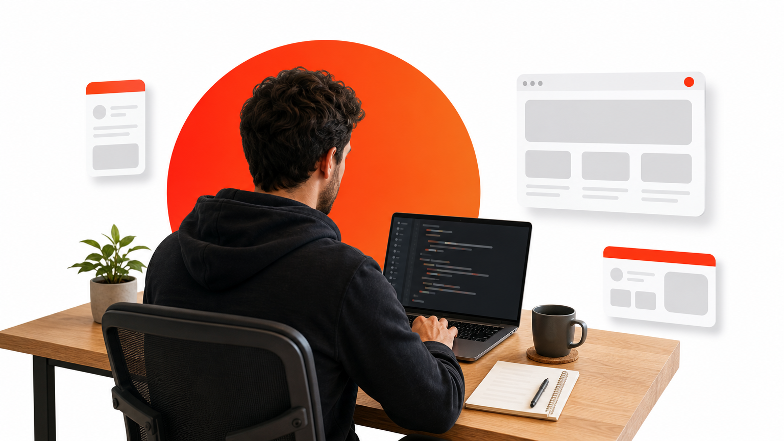 A freelance developer working at a home desk with a laptop, coffee cup, and notepad.