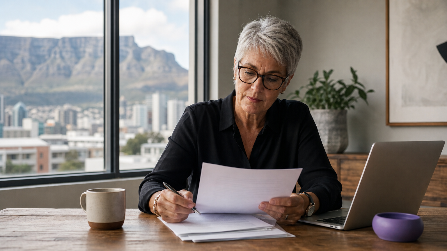 A PR consultant reviews a press release at a desk with a Cape Town skyline visible through the window.