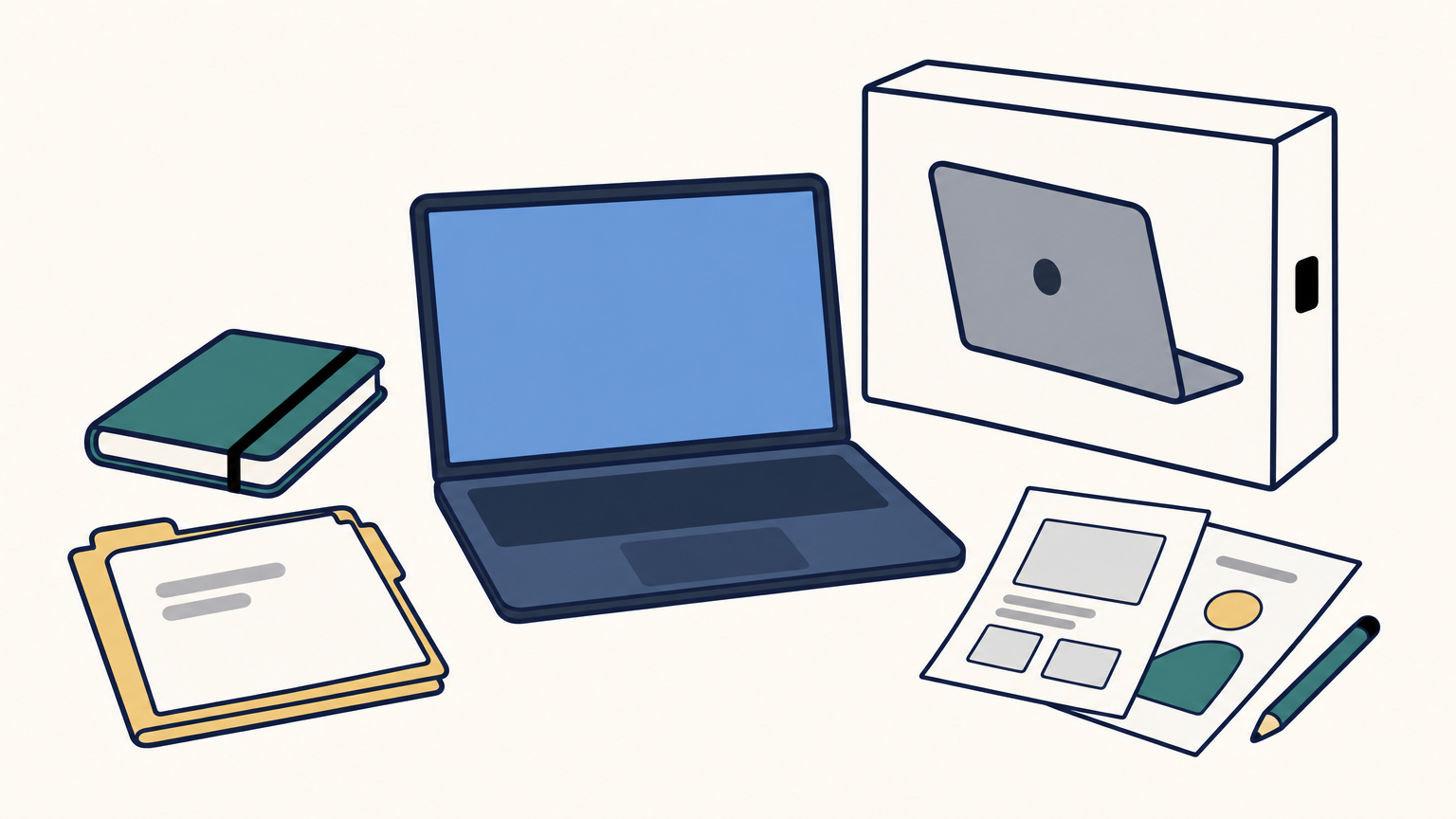 A designer's desk showing a Windows laptop in use beside an unopened Mac box.4