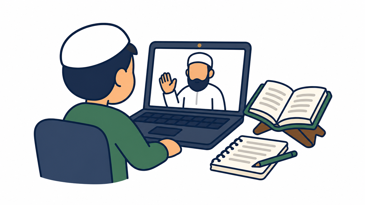 A child takes a live one-on-one Quran lesson with a teacher over video call at a home desk.