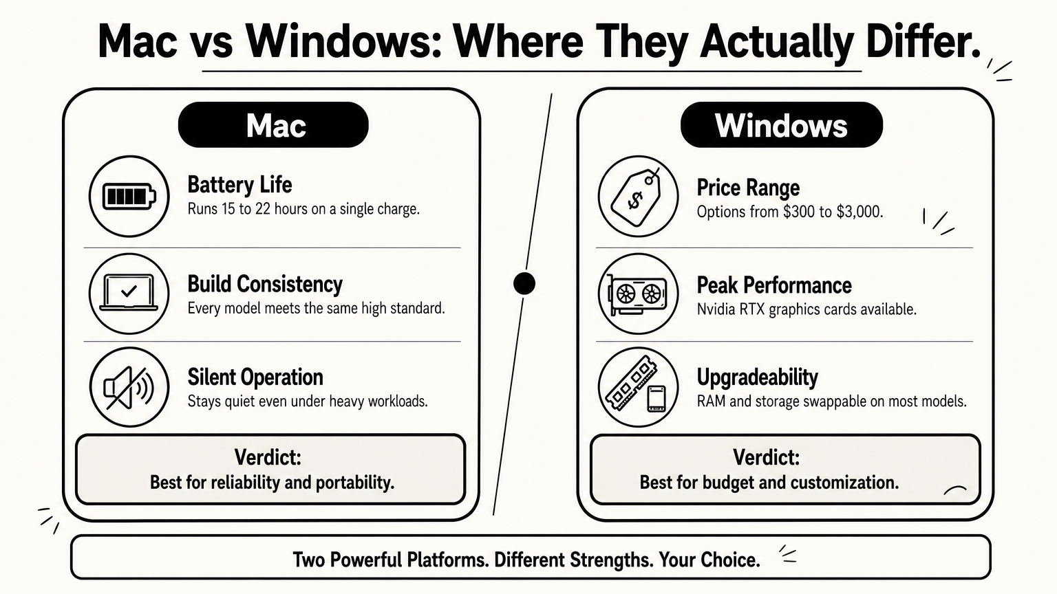 Side-by-side comparison chart of Mac and Windows strengths across battery life, price, and upgradeability.